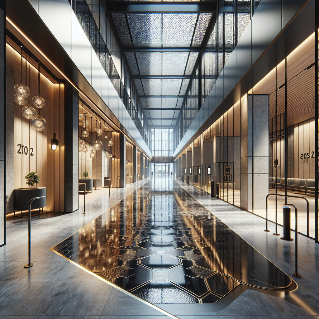 Contemporary office corridor with neutral slip resistant flooring guiding people safely through the space.