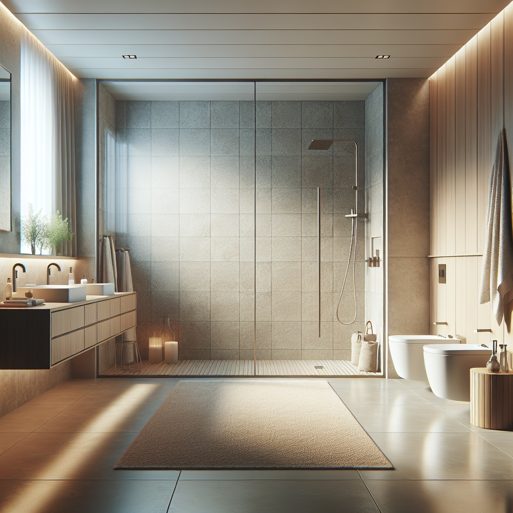 Minimalist bathroom interior showcasing slip resistant flooring in a wet room style walk-in shower area.