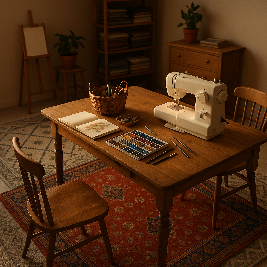 Cosy craft room using layered rugs as creative patterned flooring ideas