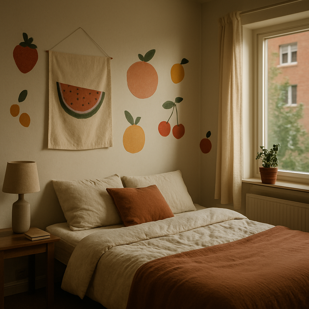 Cosy bedroom showing renter friendly colourful wall art with fabric hangings and fruity decals