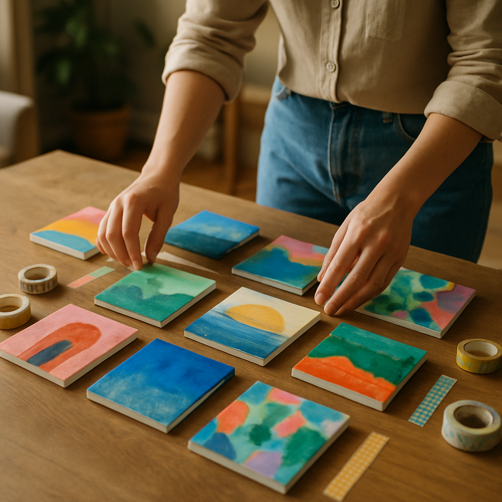 Artist planning renter friendly colourful wall art with modular canvases and washi tape samples