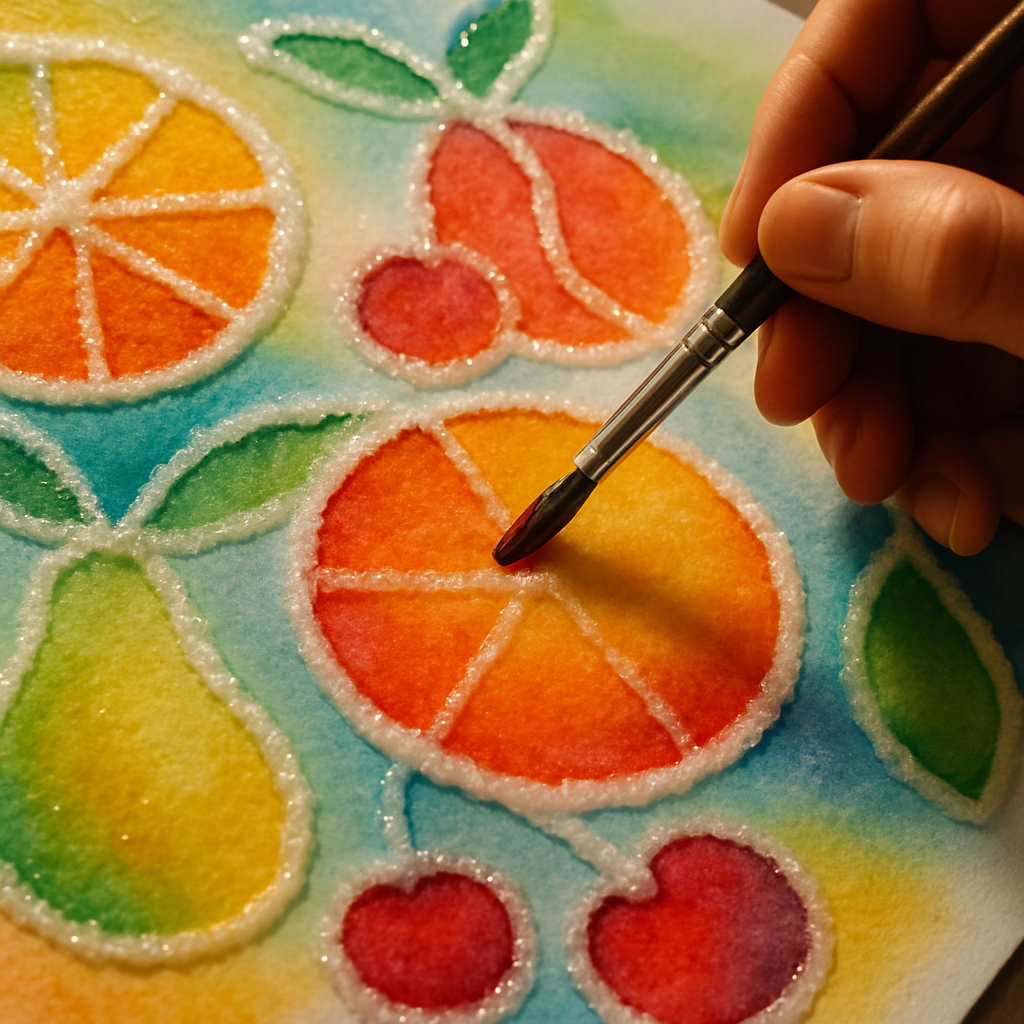 Close up of textured fruit painting created using salt art ideas on thick paper