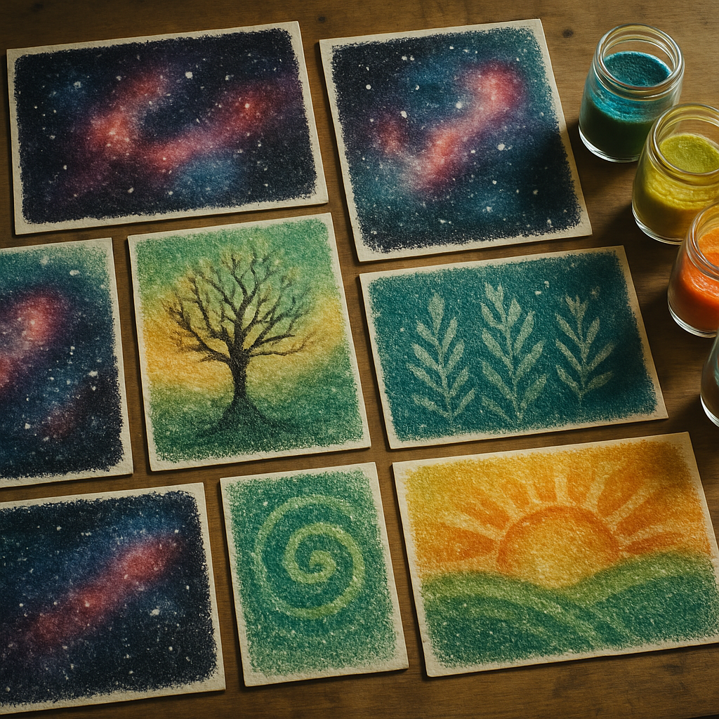 Finished galaxy and nature themed pieces made from salt art ideas displayed on a table