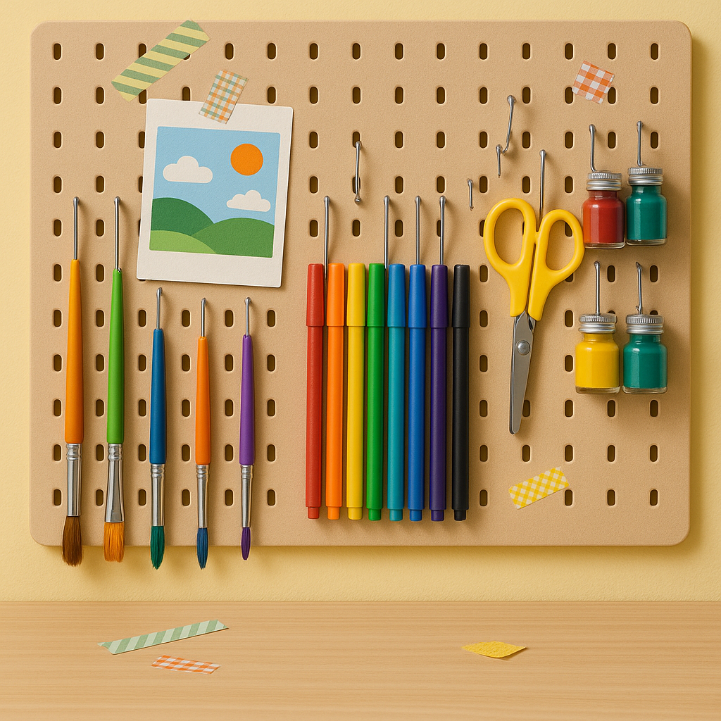 Close-up of a pegboard art storage wall with colourful brushes, pens and small jars of paint neatly arranged on hooks