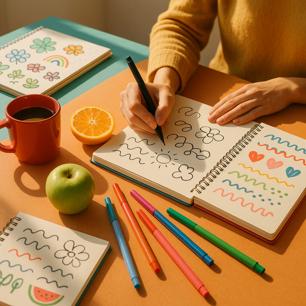 Artist playfully turning everyday life into art at a colourful desk