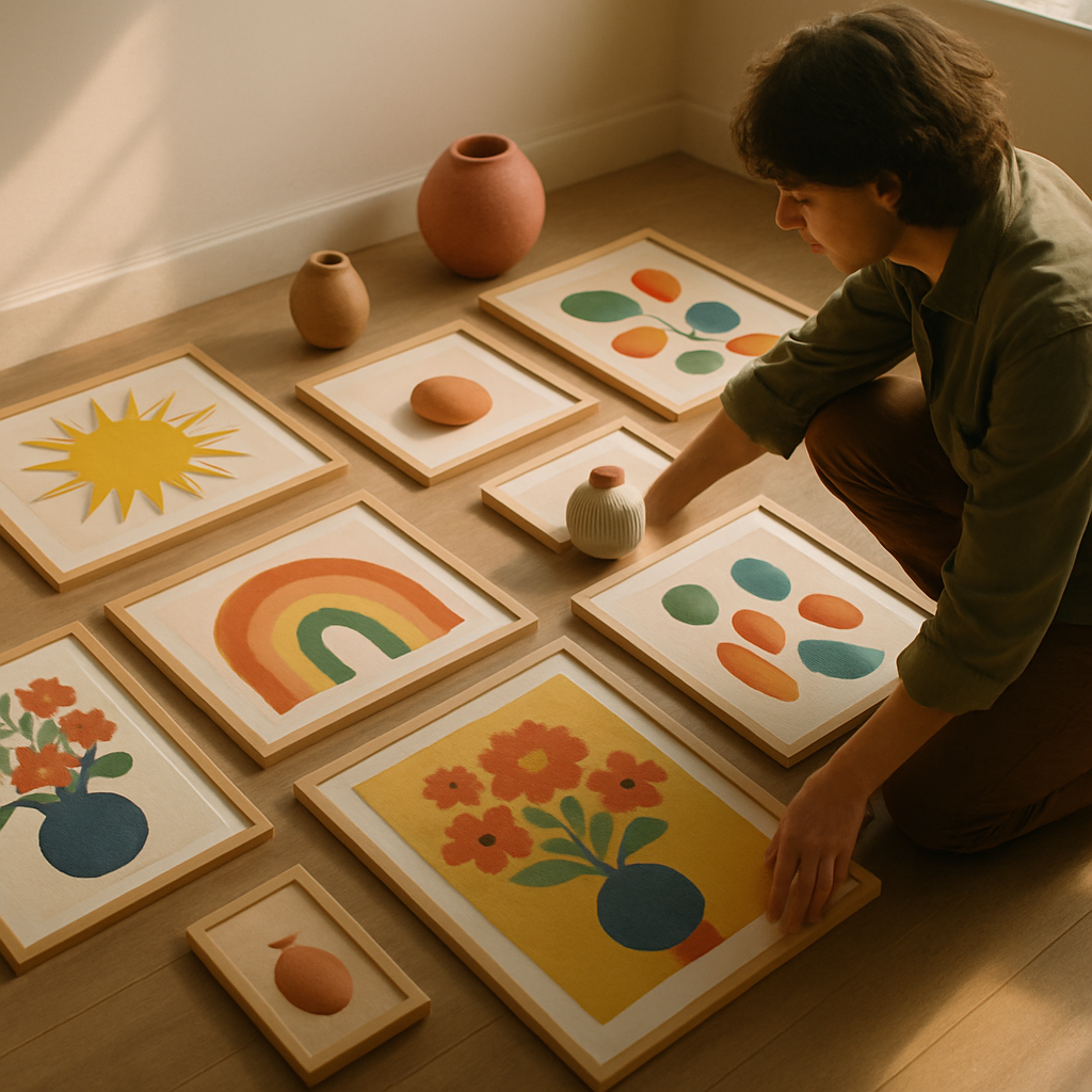 Artist planning colourful gallery wall ideas by arranging frames and objects on the floor