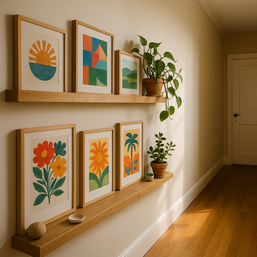 Hallway with picture ledges displaying art as inspiring colourful gallery wall ideas