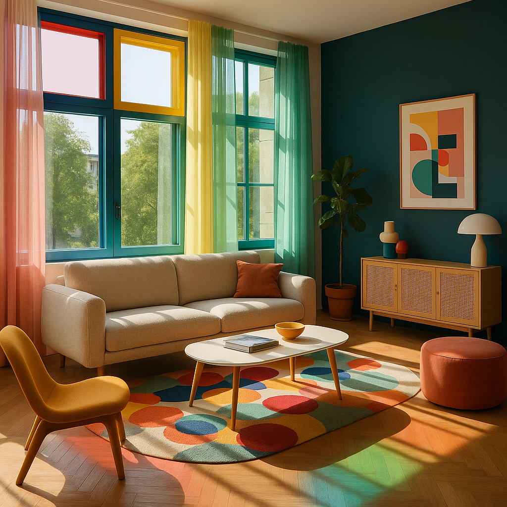 Modern living room featuring stylish colour blocking windows and colourful decor