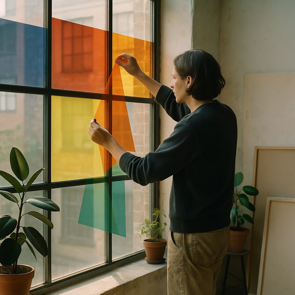 Artist applying coloured film to create colour blocking windows in a bright studio