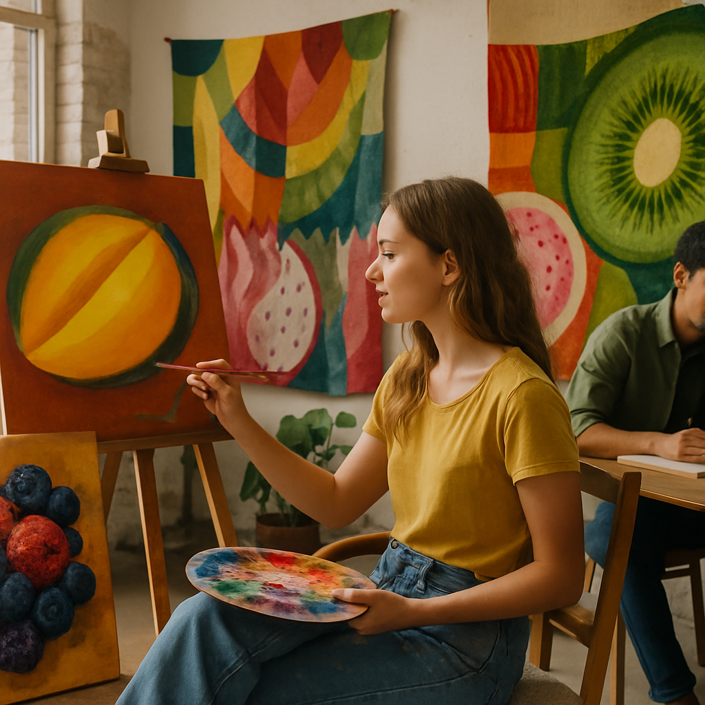 Artist studio wall of canvases and fabrics using fruit inspired colour schemes in mango, kiwi, dragon fruit and berry tones