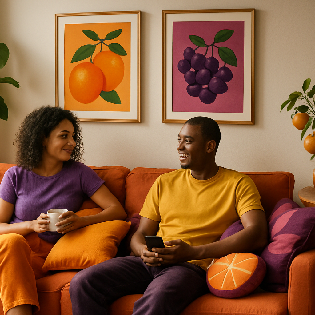 Cosy living room decorated with cushions and artwork in fruit inspired colour schemes of mango and berry hues