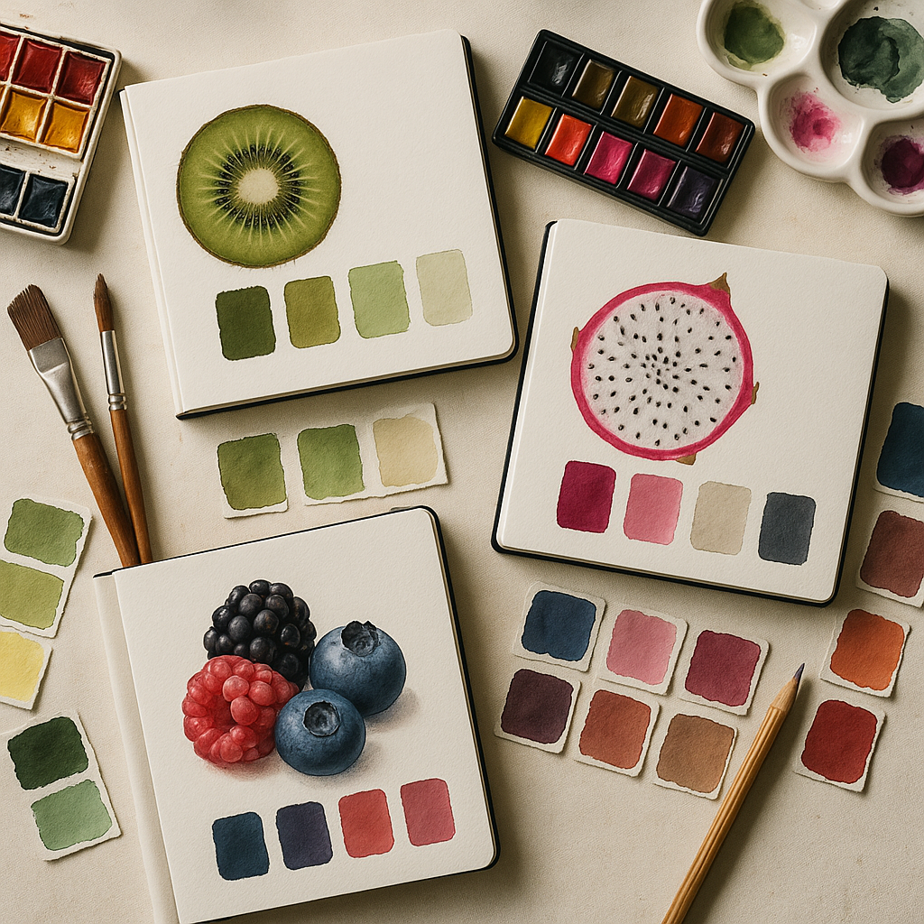 Flat lay of paints and sketchbook showing fruit inspired colour schemes drawn from kiwi, dragon fruit and mixed berries