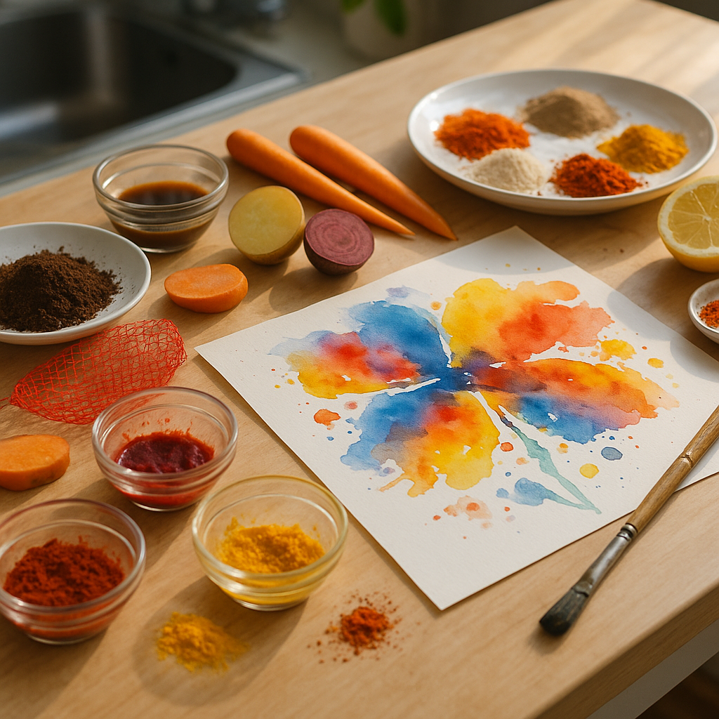 Creative kitchen table setup for kitchen mixed media art using coffee, spices, fruit nets and veggie prints