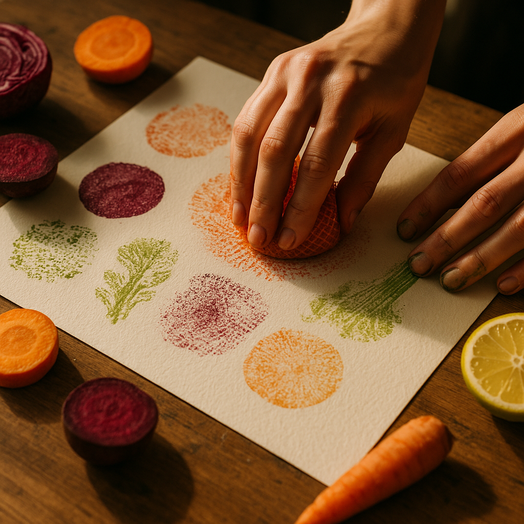Artist stamping textures with fruit nets and vegetables as part of kitchen mixed media art on paper