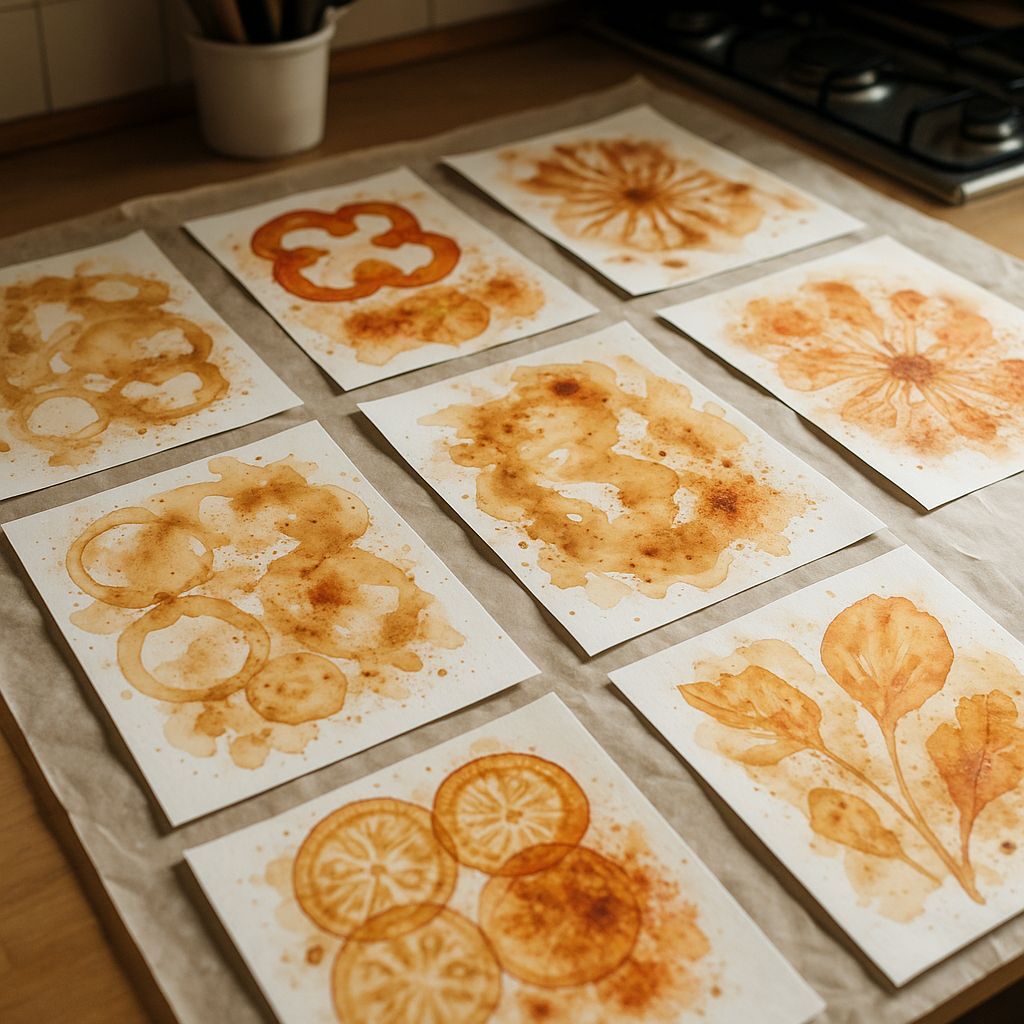 Finished coffee and spice stained paintings created through kitchen mixed media art drying on a kitchen table