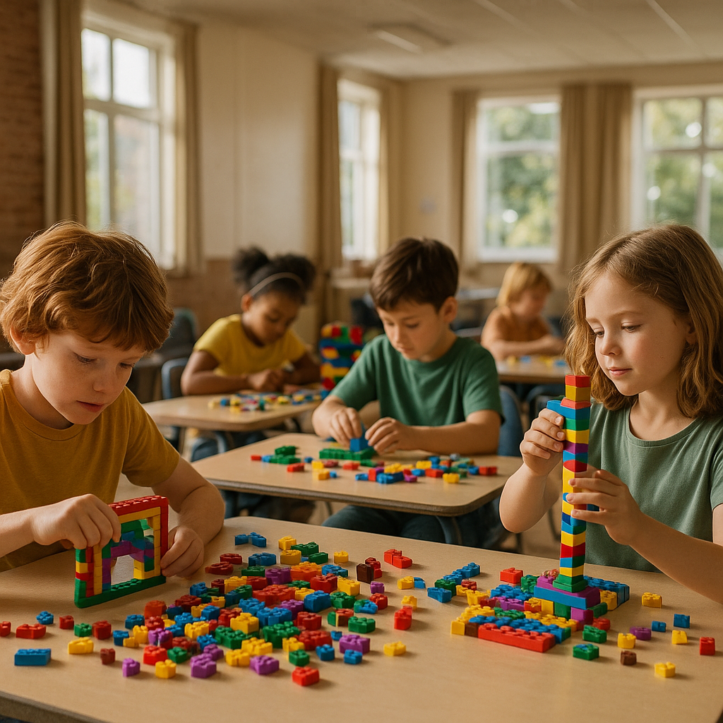 Children building colourful models together at a kids Lego art club in a sunny community hall