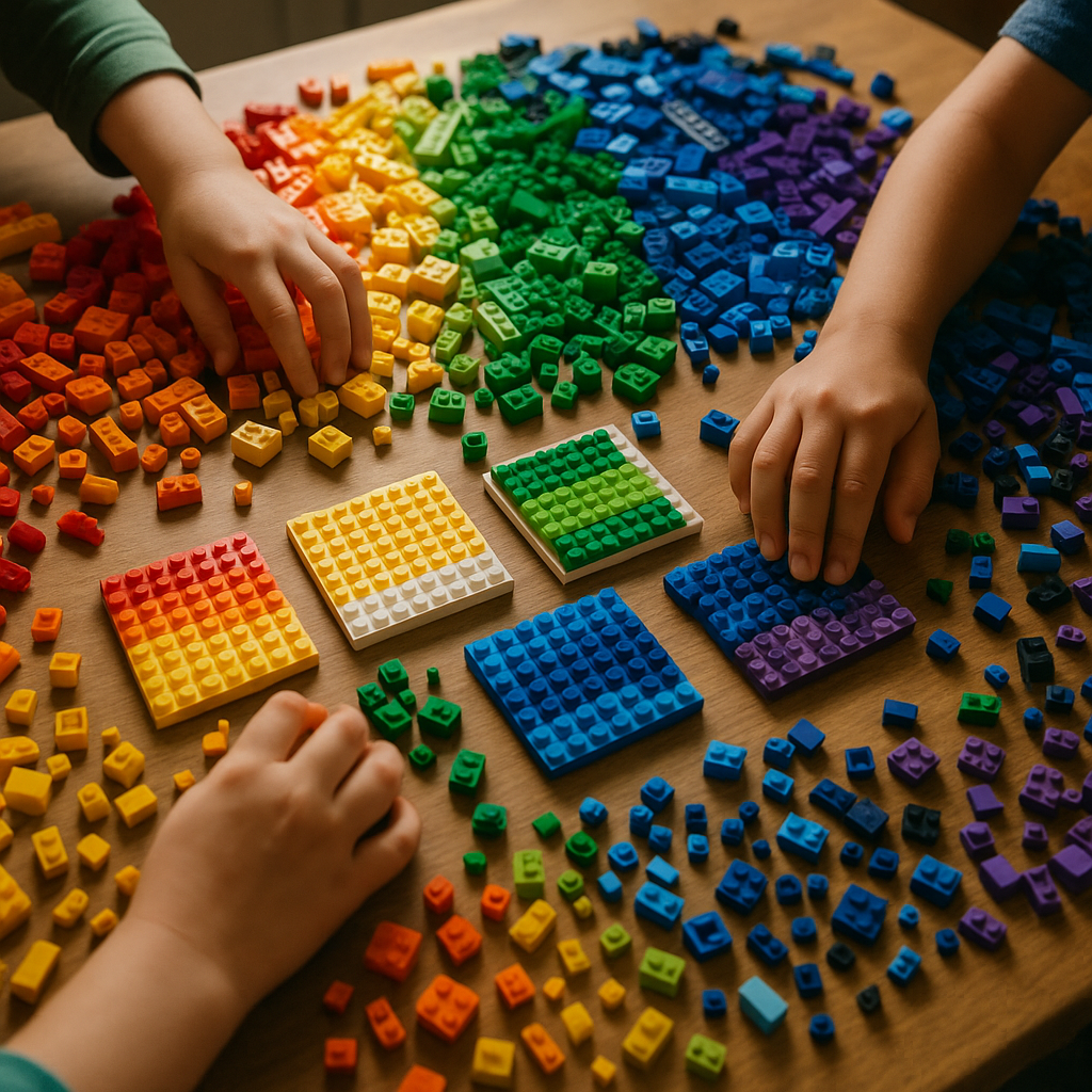 Table full of rainbow bricks and tiny mosaics being made at a kids Lego art club