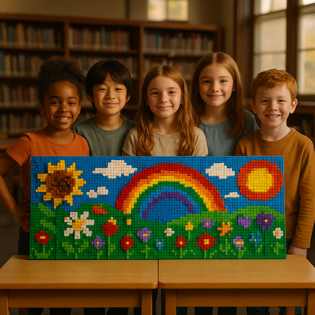 Group of children showing a collaborative Lego mural from their kids Lego art club