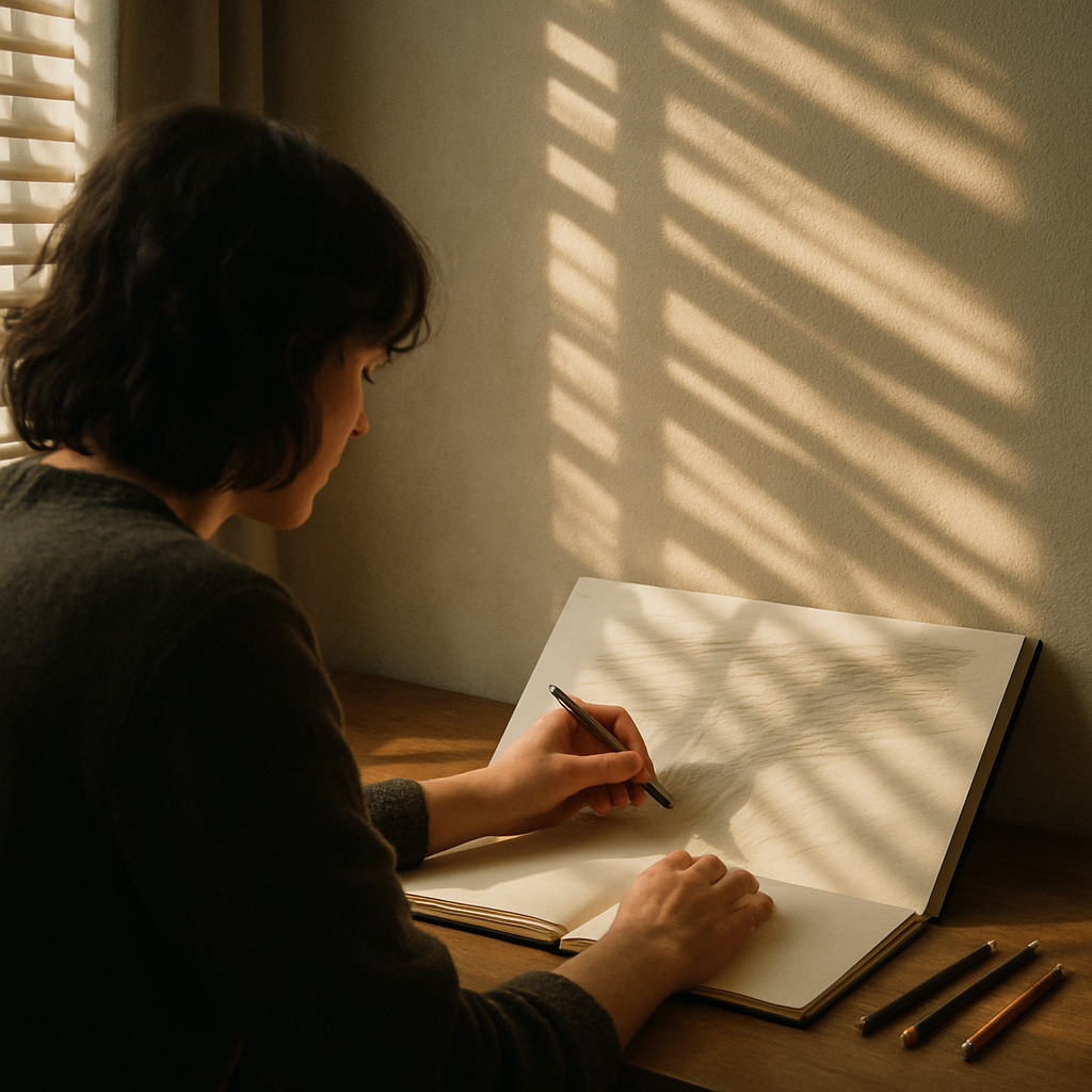 Artist drawing patterns created by window blinds in art in a sunny home studio corner