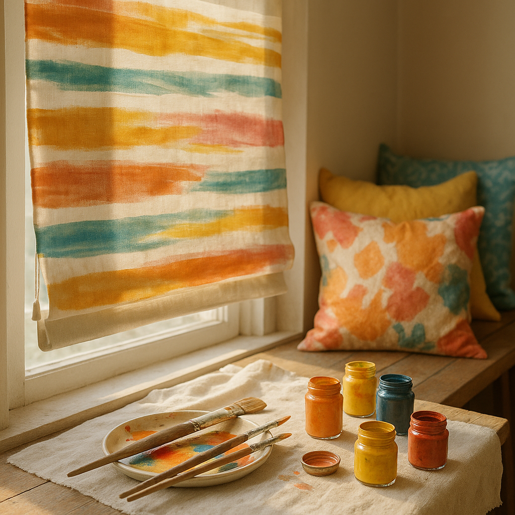 DIY creative setup showing hand painted blinds using window blinds in art themed decor