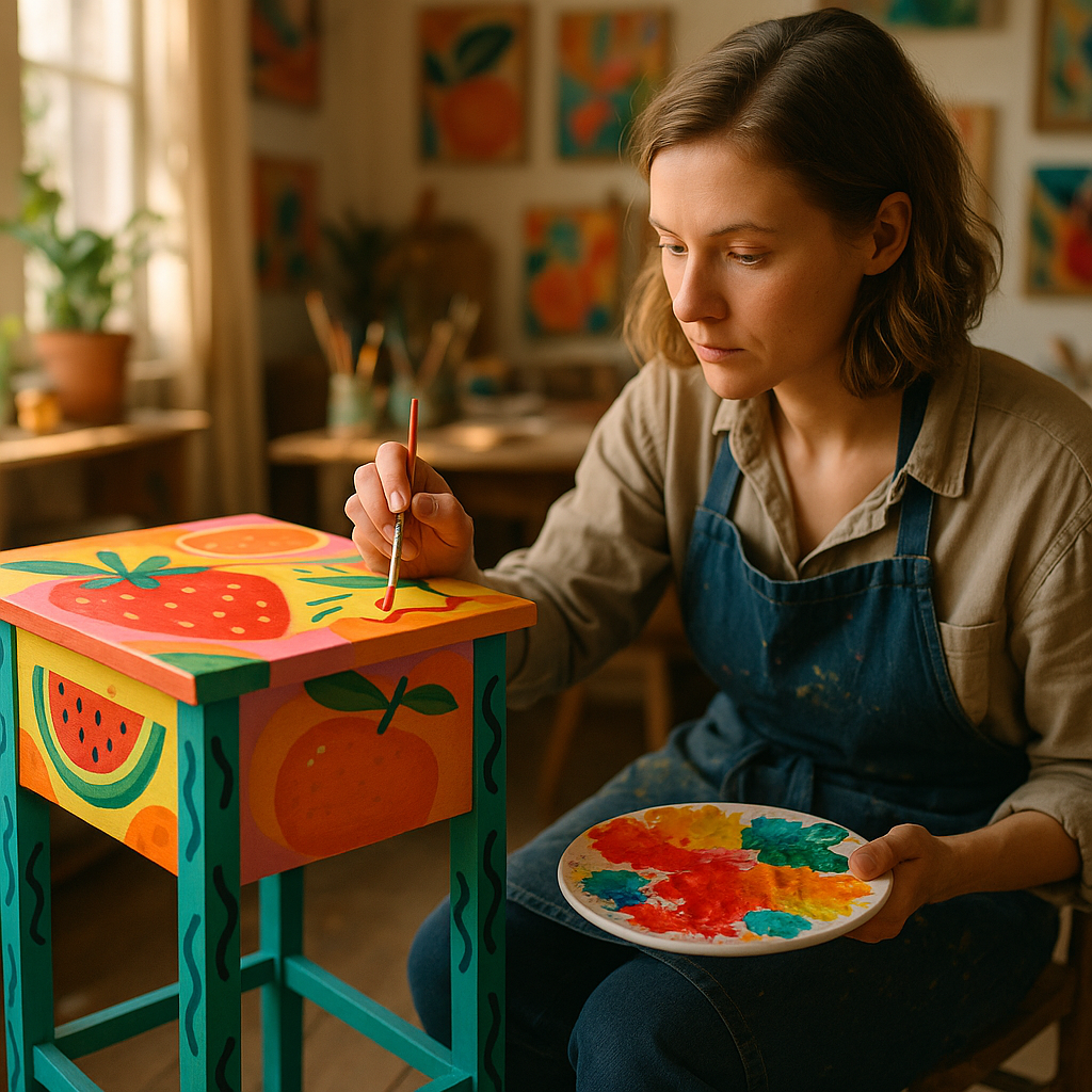 Artist painting a wooden side table in bright colours as part of playful wood art ideas