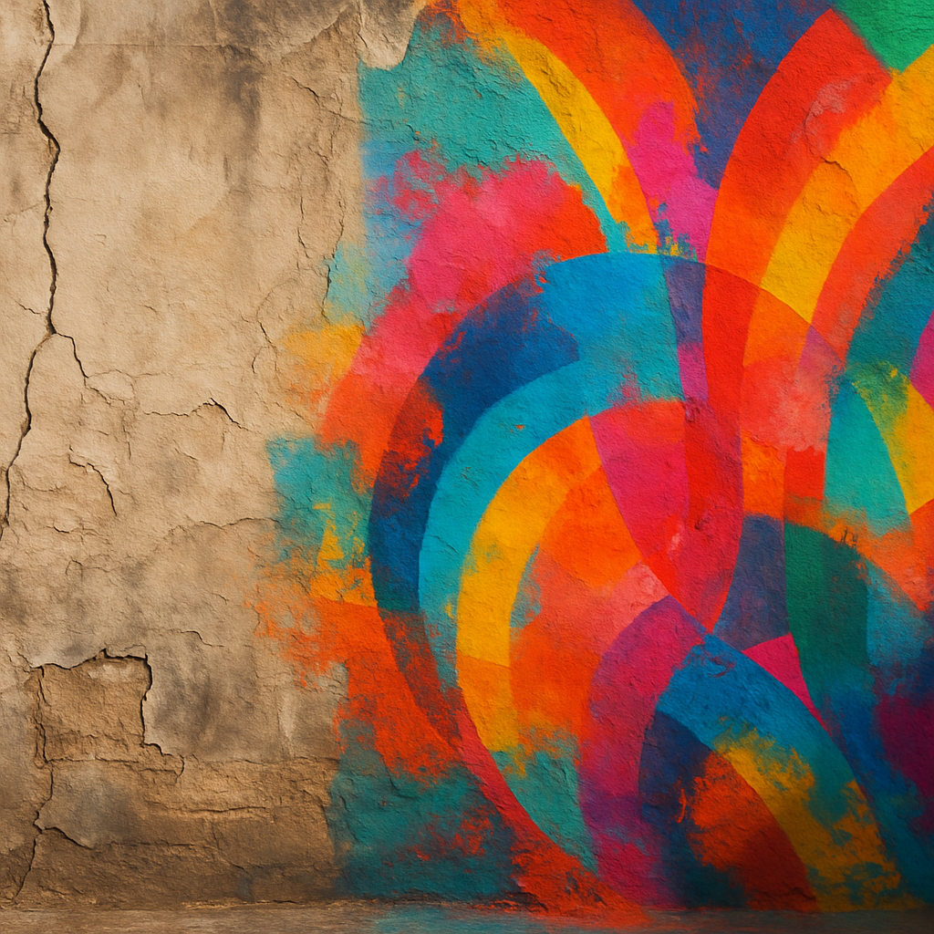 Weathered city wall transformed with bright colours as an example of urban texture art