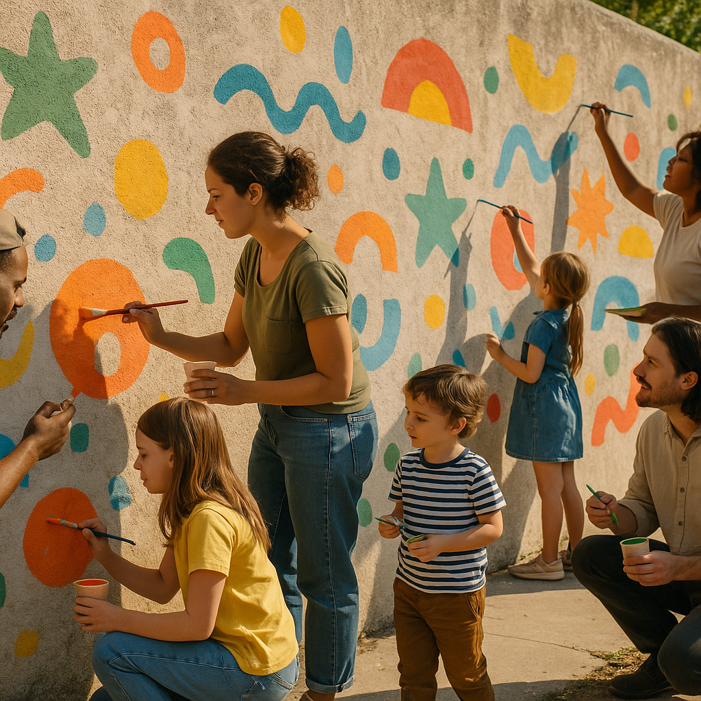 Community mural project where families paint playful urban texture art on a concrete wall
