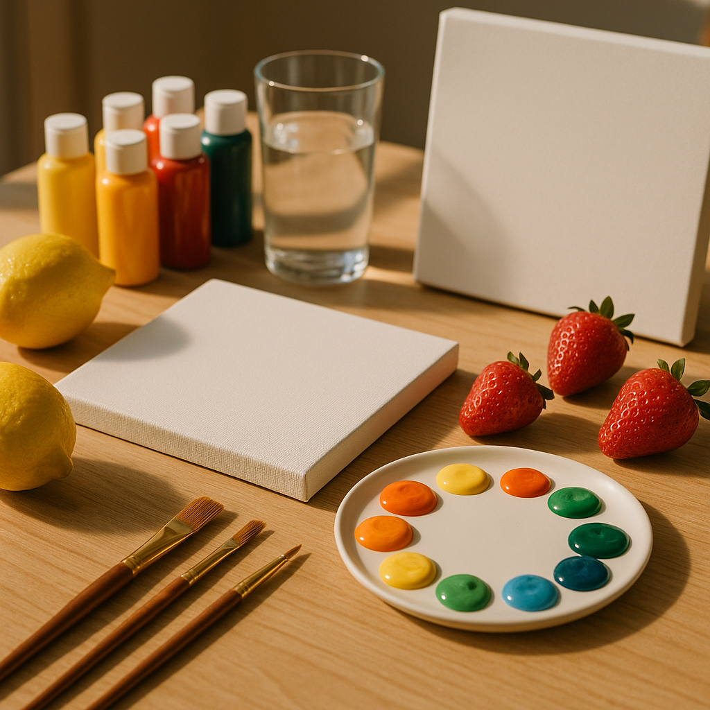 Art supplies and fresh fruit laid out for a fruit themed paint and sip evening on a colourful table