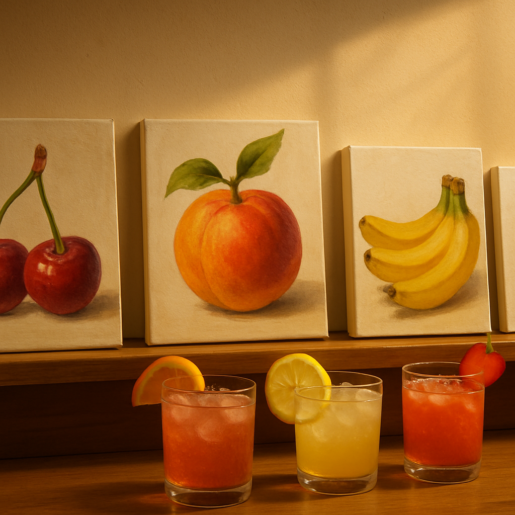 Bright canvases from a fruit themed paint and sip evening displayed beside colourful fruity drinks