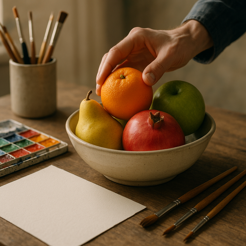 Artist arranging fruit in a bowl to create a dynamic fruit bowl still life composition