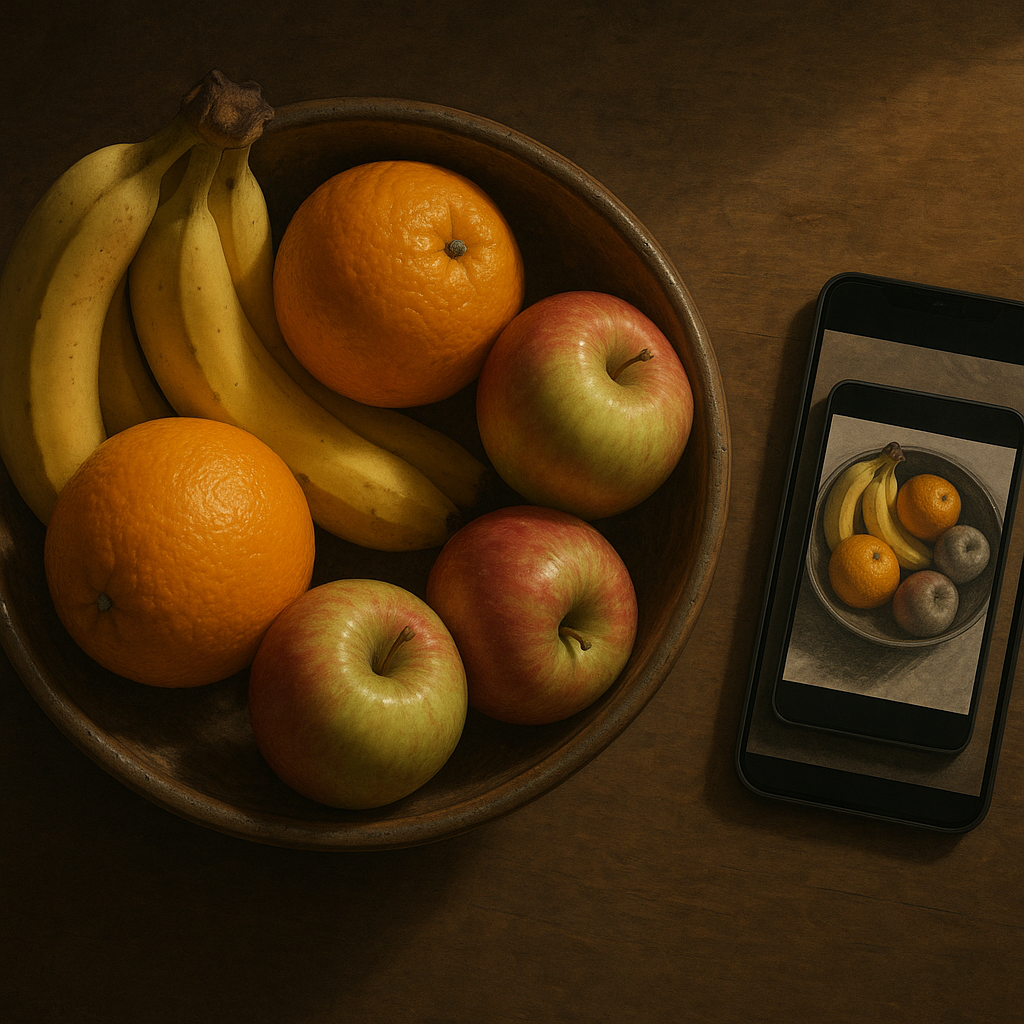 Phone photo and sketchbook used together to study a fruit bowl still life