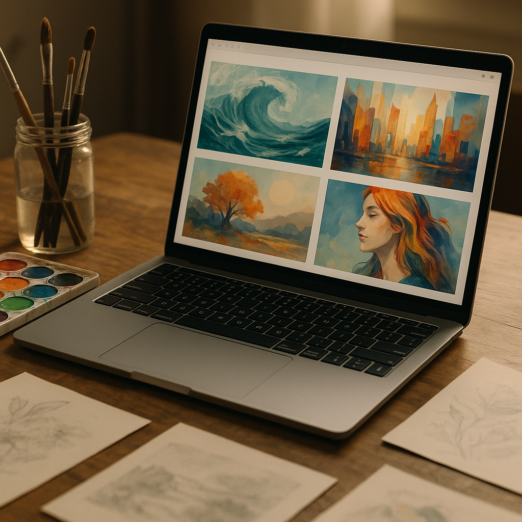 Laptop open to a vibrant art portfolio website on a creative artist's desk
