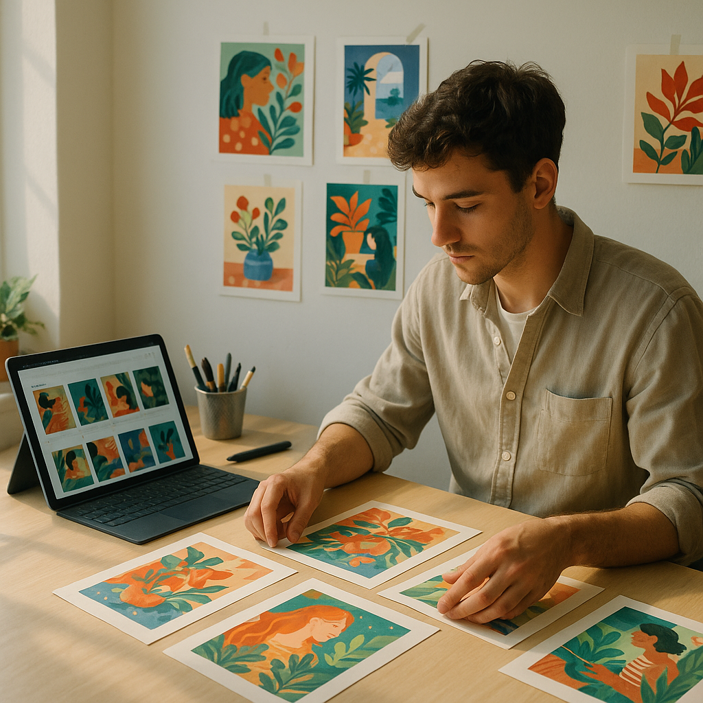 Young illustrator organising prints next to a tablet displaying his art portfolio website