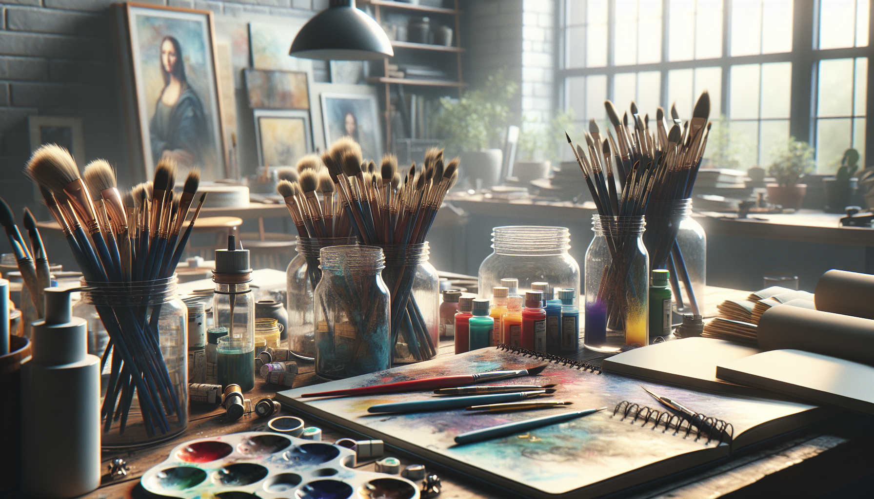 Close-up of colourful art materials on a worktop in a creative workshop space