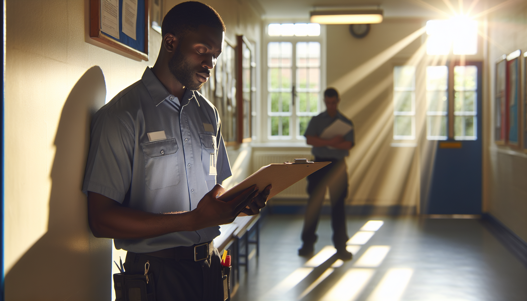 Facilities manager reviewing display energy certificates documentation in a public building corridor