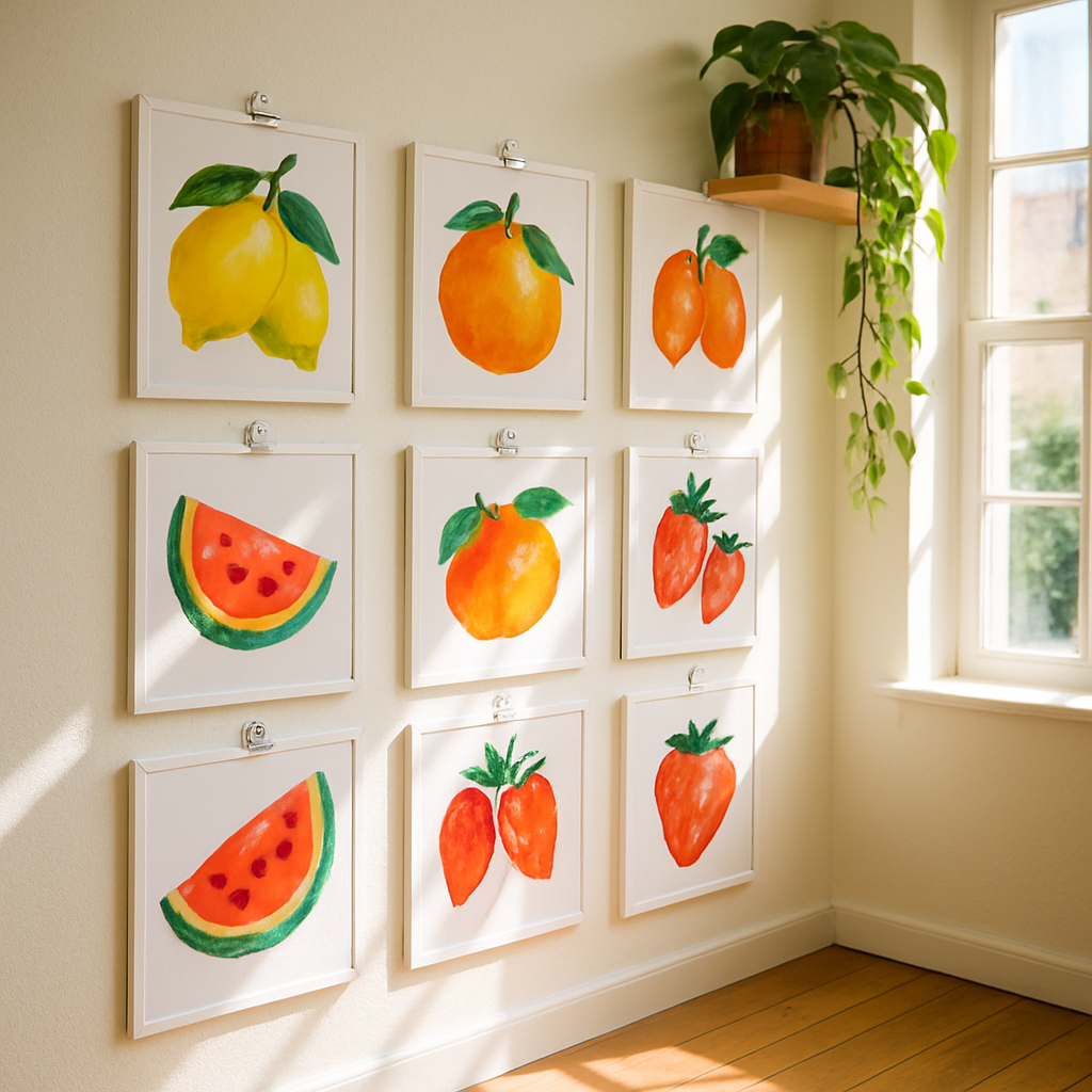 A colourful gallery wall of DIY fruit wall art ideas displayed in white clip frames in a bright British living room