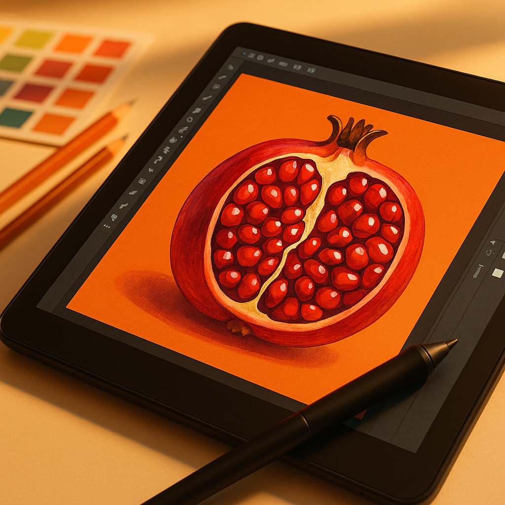 A graphic tablet showing a digital fruit illustration being refined as part of the process to turn doodles into sellable art prints