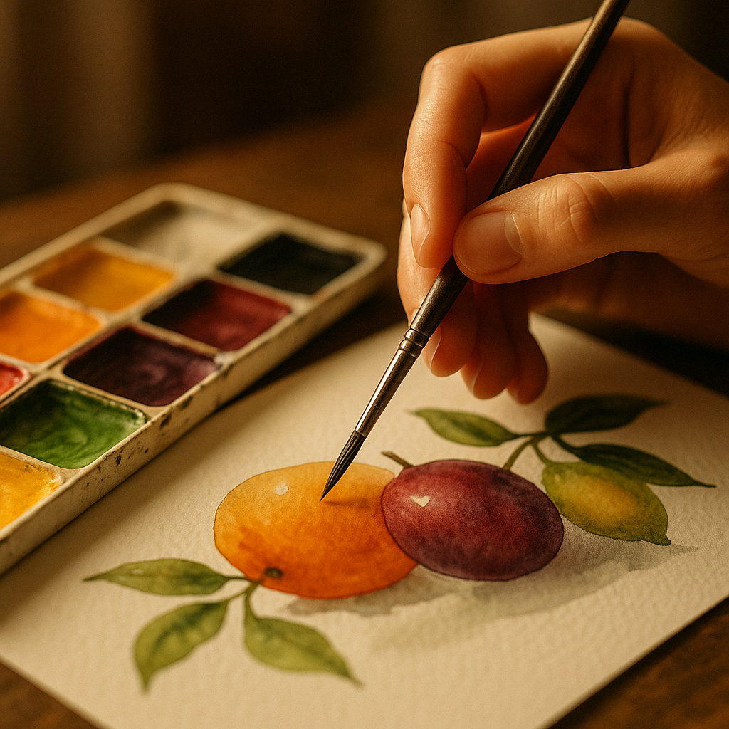 An artist selecting paint colours on a palette, applying colour psychology in art to a fruit still life
