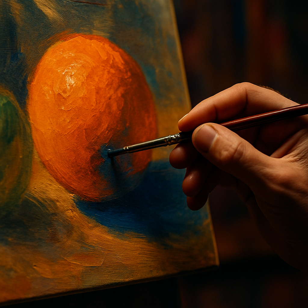 Artist applying complementary colours in shadow tones of a fruit still life painting