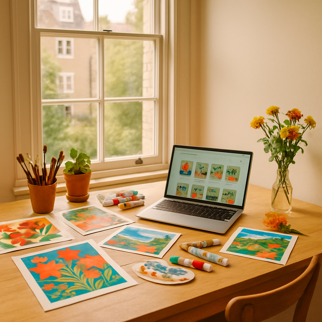 Artist's bright UK home studio set up for how to sell artwork online 2026