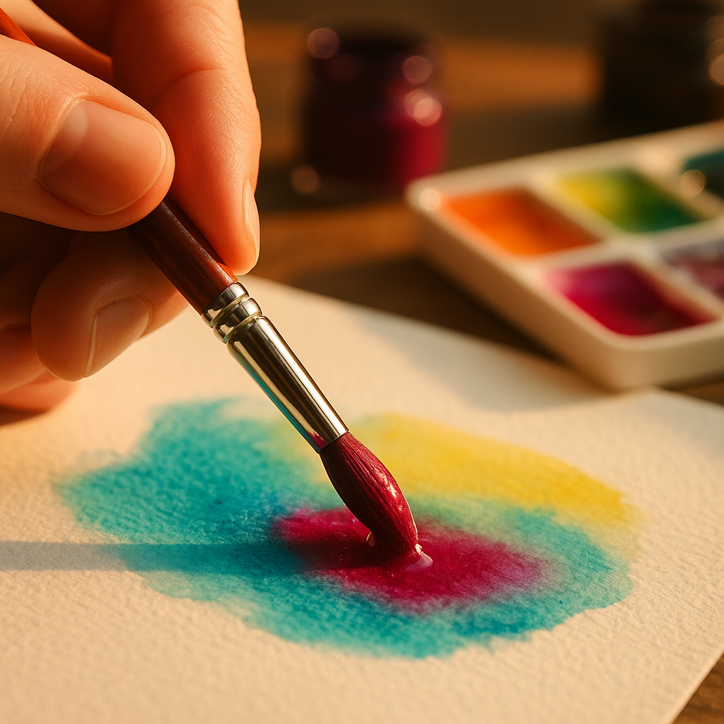 Close-up detail of a paintbrush loaded with pigment as part of vibrant colour painting with professional art supplies