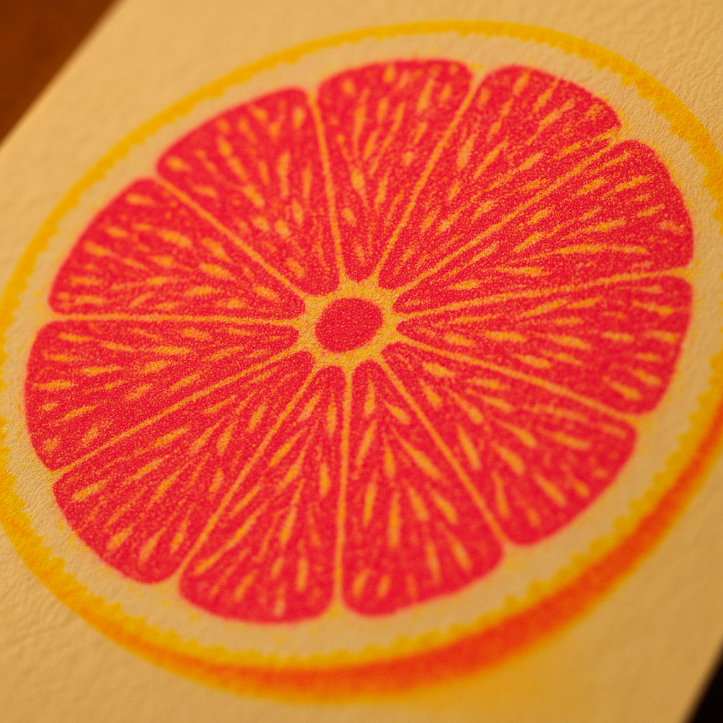 Close-up detail of risograph print ideas fruit art showing halftone dot texture on a grapefruit cross-section in fluorescent pink and yellow