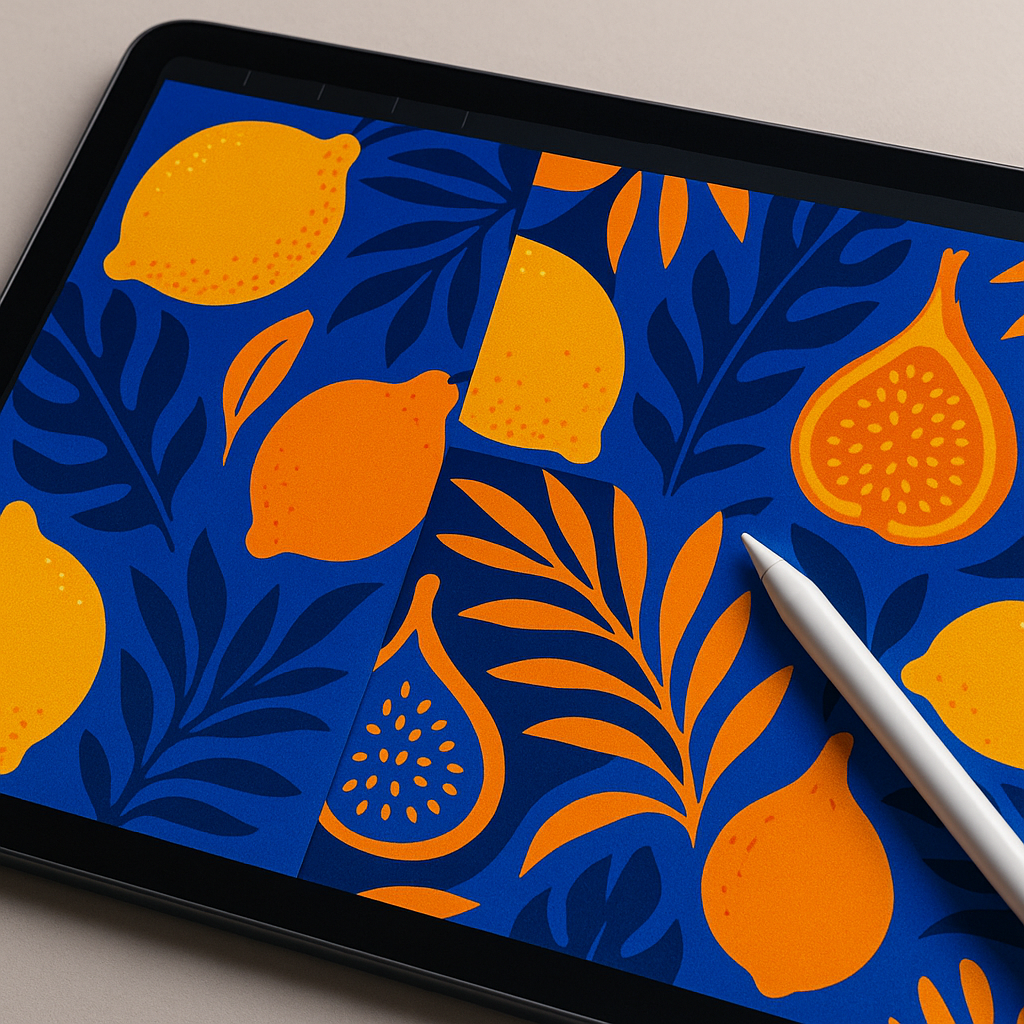 Close-up of a digital tablet showing a fruit-themed surface pattern being designed in an illustration app