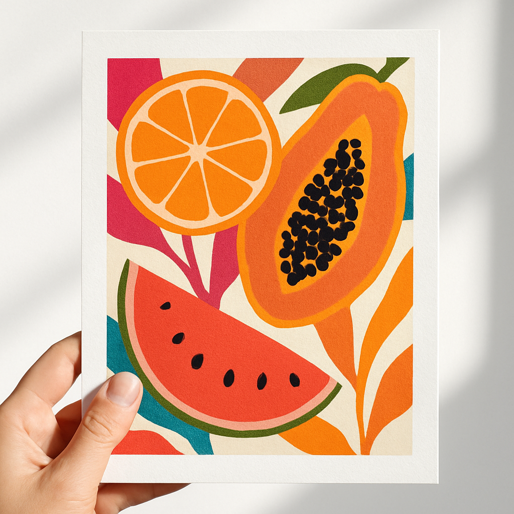 Close-up of a vibrant fruit art print, the kind ideal for selling your art online as a limited edition