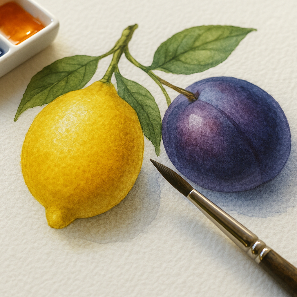 Close-up of complementary colours botanical illustration showing yellow lemon and violet plum watercolour study with vivid contrast