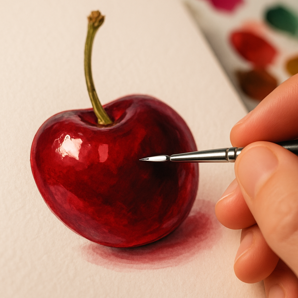 Close-up of gouache painting techniques creating a glossy highlight on a painted cherry