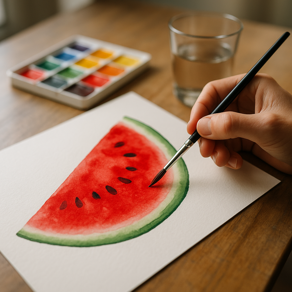 Close-up of watercolour painting in progress as part of a DIY fruit wall art idea on a wooden table