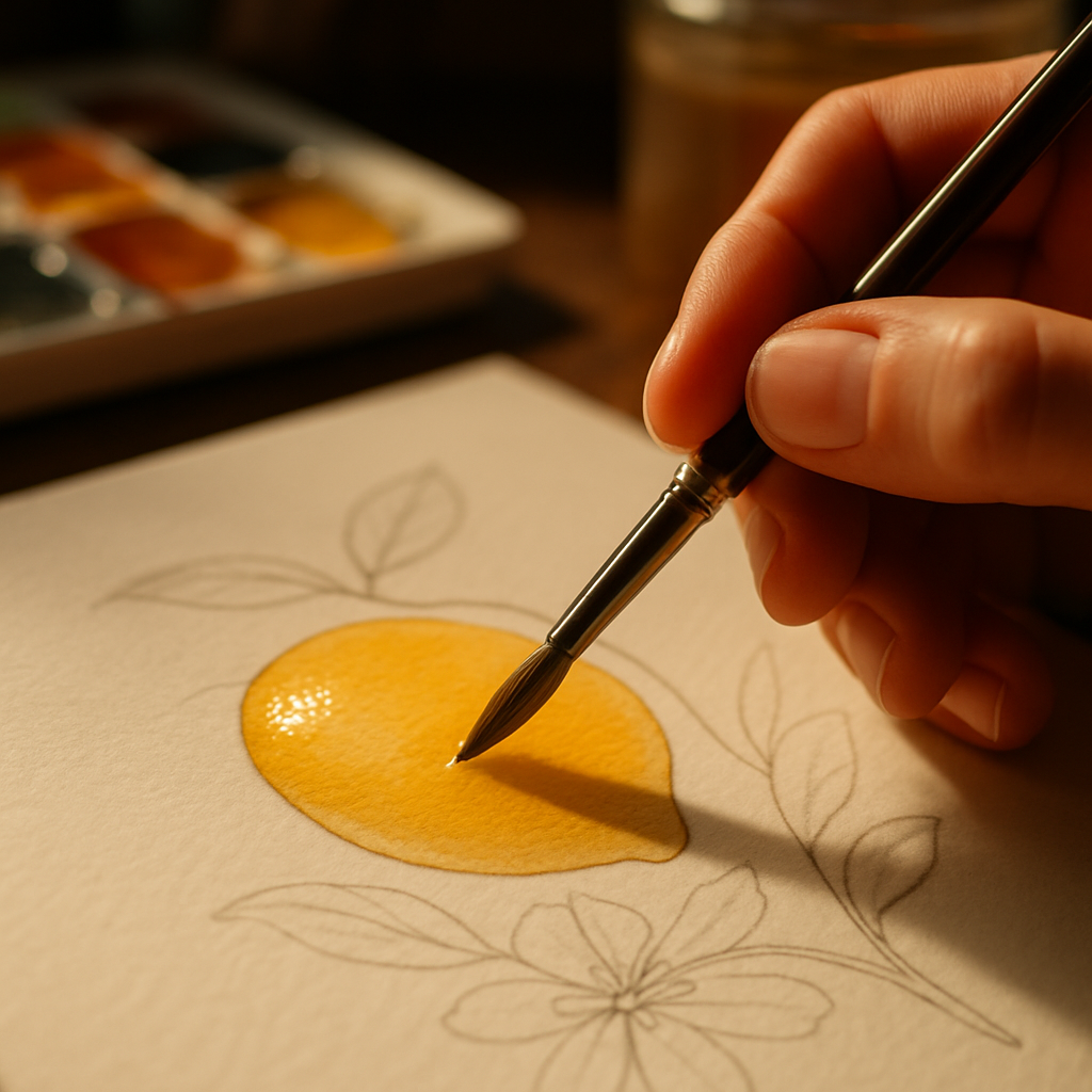Close-up of watercolour wash being applied in botanical illustration fruit watercolour beginners study of a lemon