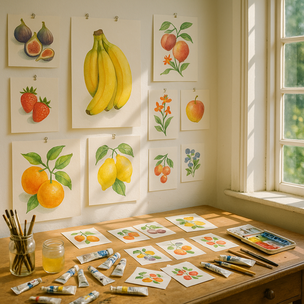 Colourful British artist studio workspace with fruit illustrations and prints, perfect for selling your art online