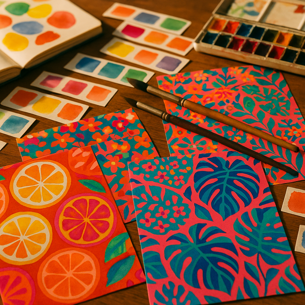 Detail of maximalist art style colourful pattern swatches and fruit illustration sketches on an artist's worktable
